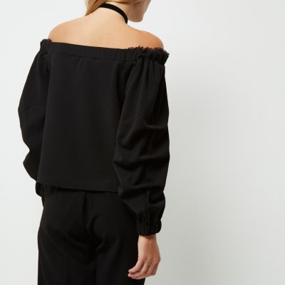 Black ruched sleeve bardot top